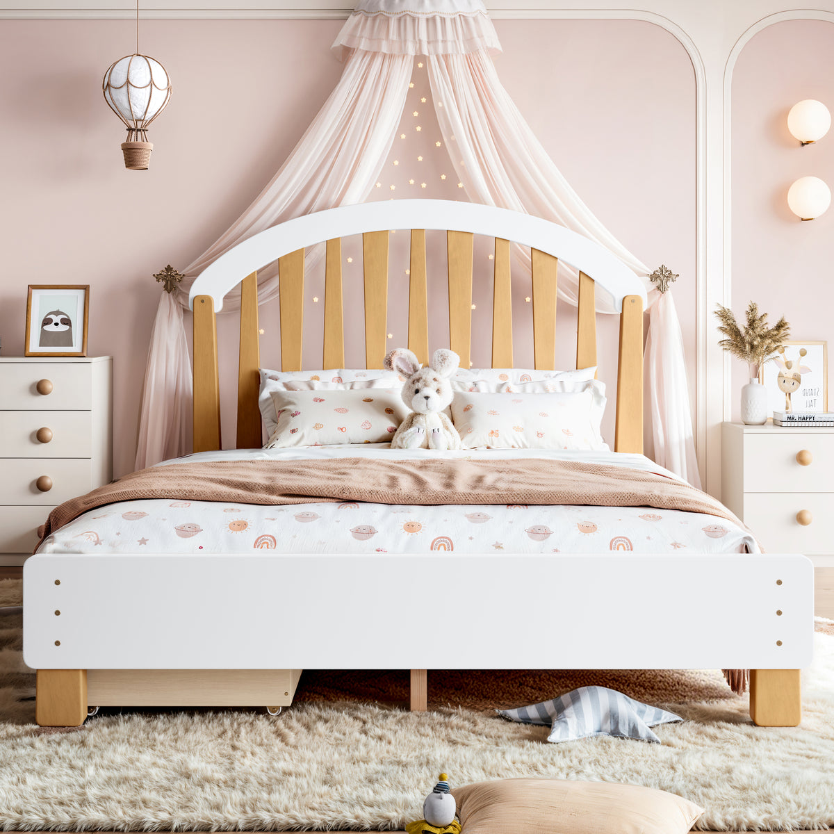 NYBOPAVIS Full Size Bed Frame, Wood Platform Bed with Storage Drawers, No Box Spring Required, White & Natural