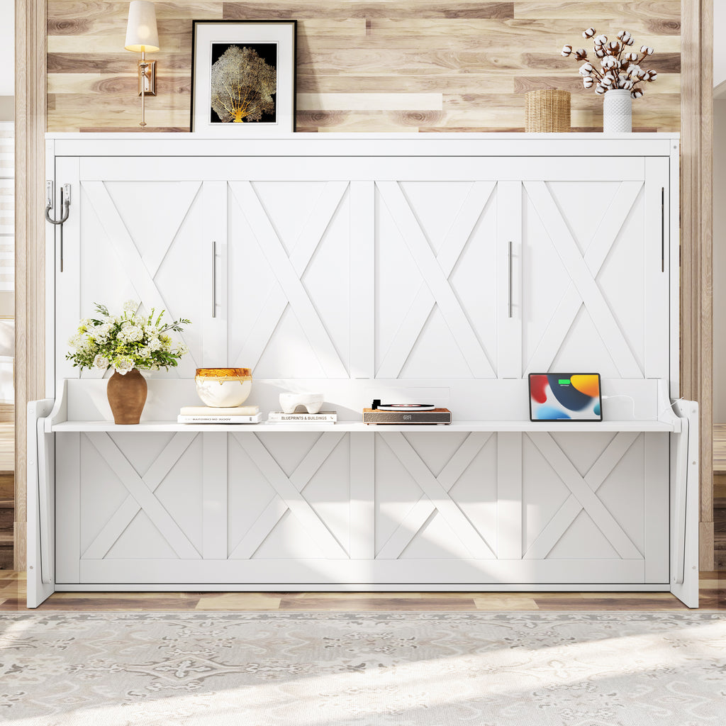 Queen Size Murphy Bed with Desk & USB Ports,LED Folding Storage Wall Bed Furniture for Bedroom,Office,Guest Room, White