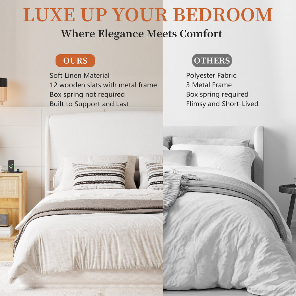 NYBOPAVIS Queen Size Upholstered Bed Frame with Wingback Headboard, Wooden Frame with Beige Linen Fabric, No Box Spring Needed, Easy Assembly
