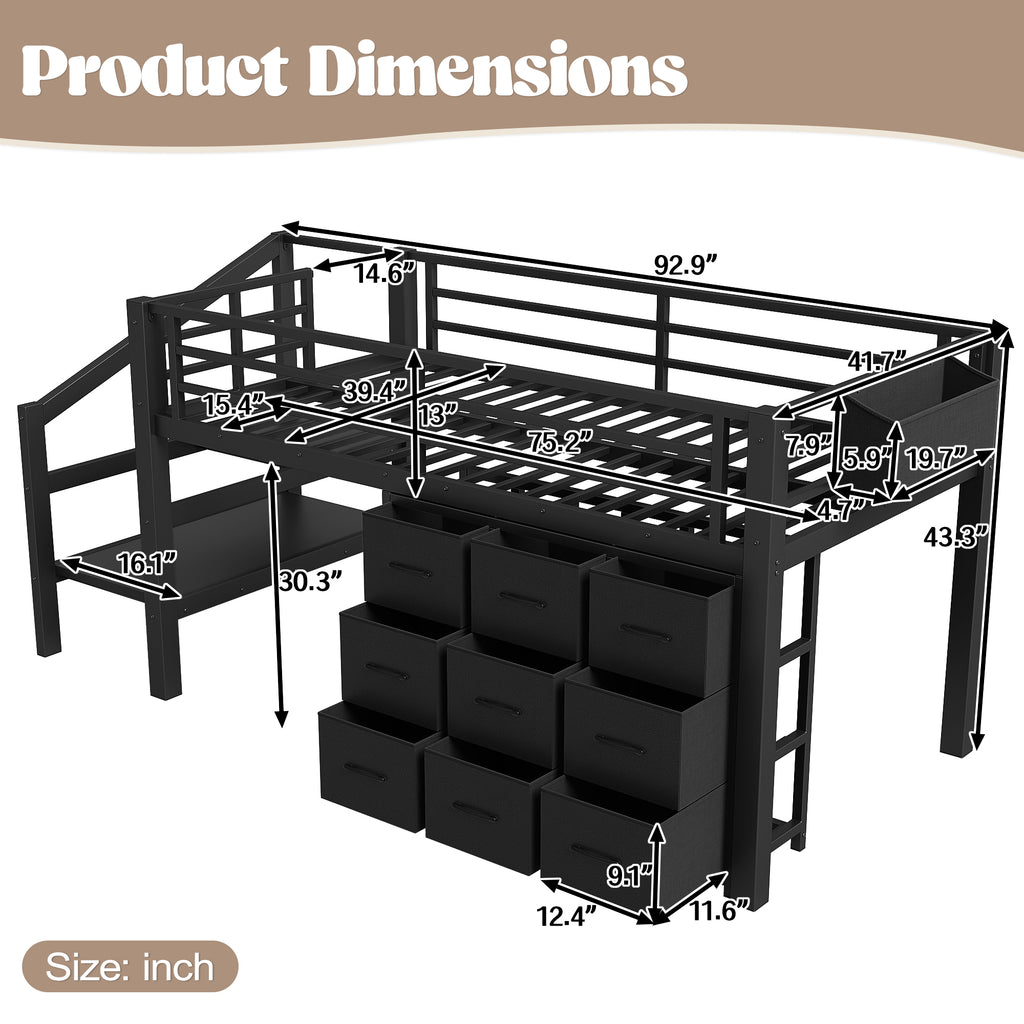 Twin Loft Bed Frame with Convertible Stairs, 9 Drawers & LED Lights, Metal Low Loft Bed with Storage Stairs, Black