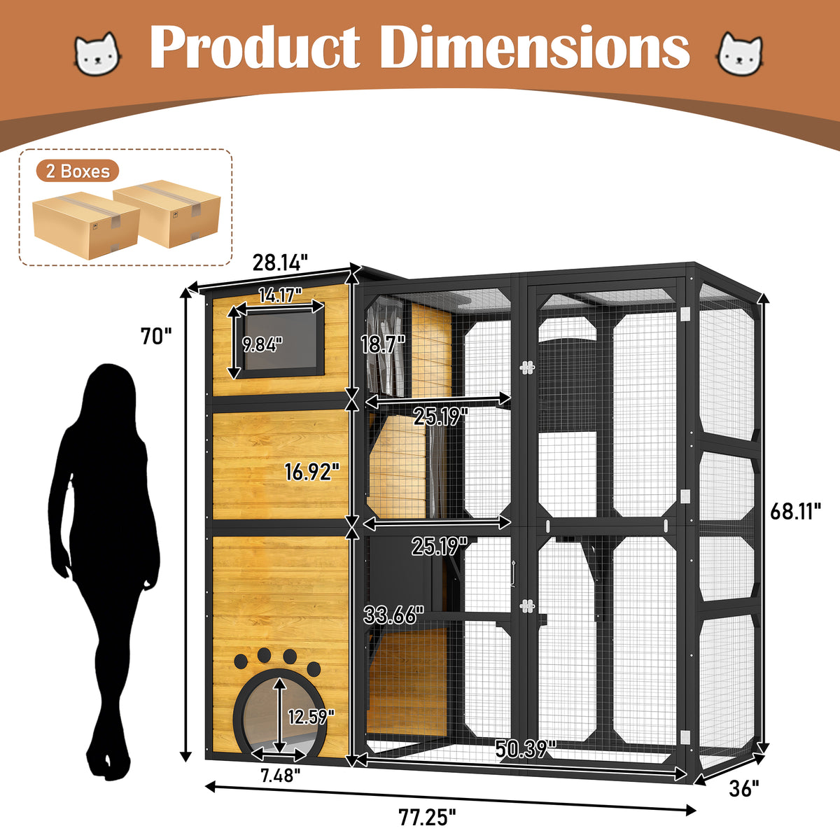 77'' Large Catio Outdoor Cat Enclosure, 4-tier Cat House Outdoor with Asphalt Roof, Wooden, Pine