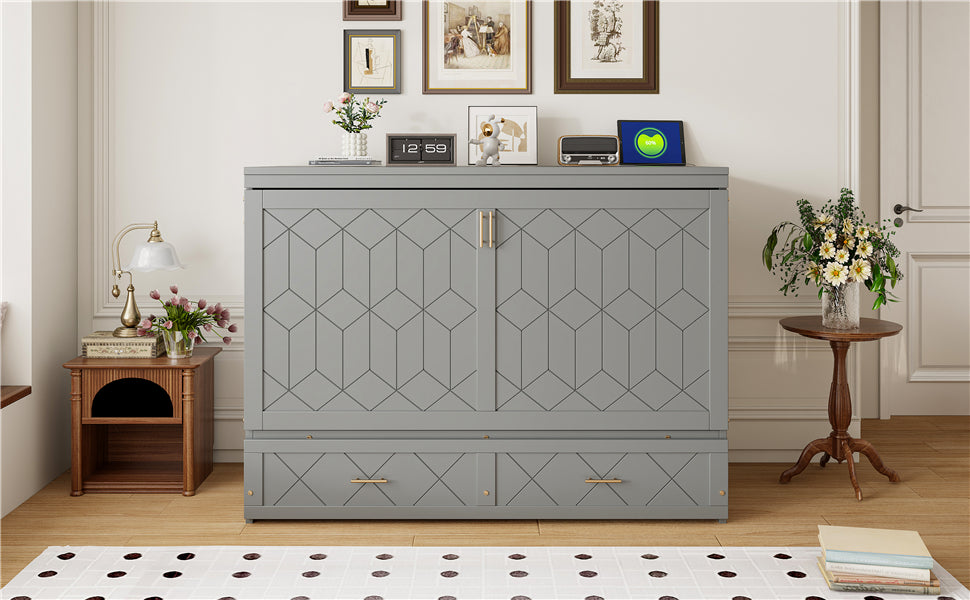 Queen Size Murphy Beds with drawer & USB Ports,Folding Storage Wall Bed Furniture for Bedroom,Office,Guest Room, Gray