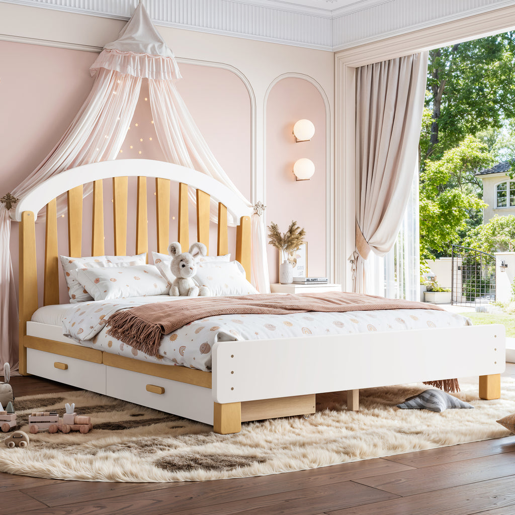 NYBOPAVIS Full Size Bed Frame, Wood Platform Bed with Storage Drawers, No Box Spring Required, White & Natural