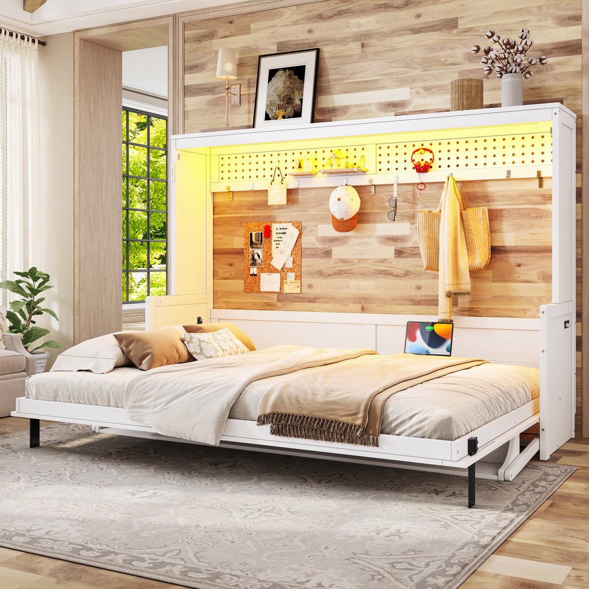 Queen Size Murphy Bed with Desk & USB Ports,LED Folding Storage Wall Bed Furniture for Bedroom,Office,Guest Room, White