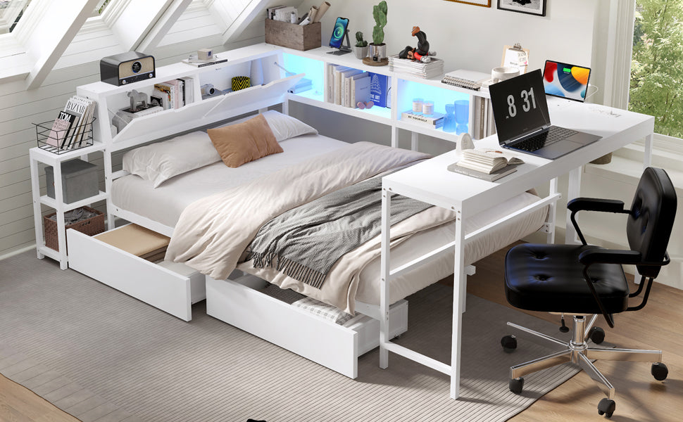 Queen Size Corner Bed Frame with Bookcase & 2 Underbed Storage Drawers, Modern Bed with LED Light and Charging Station, Left and Right Interchangeable, White