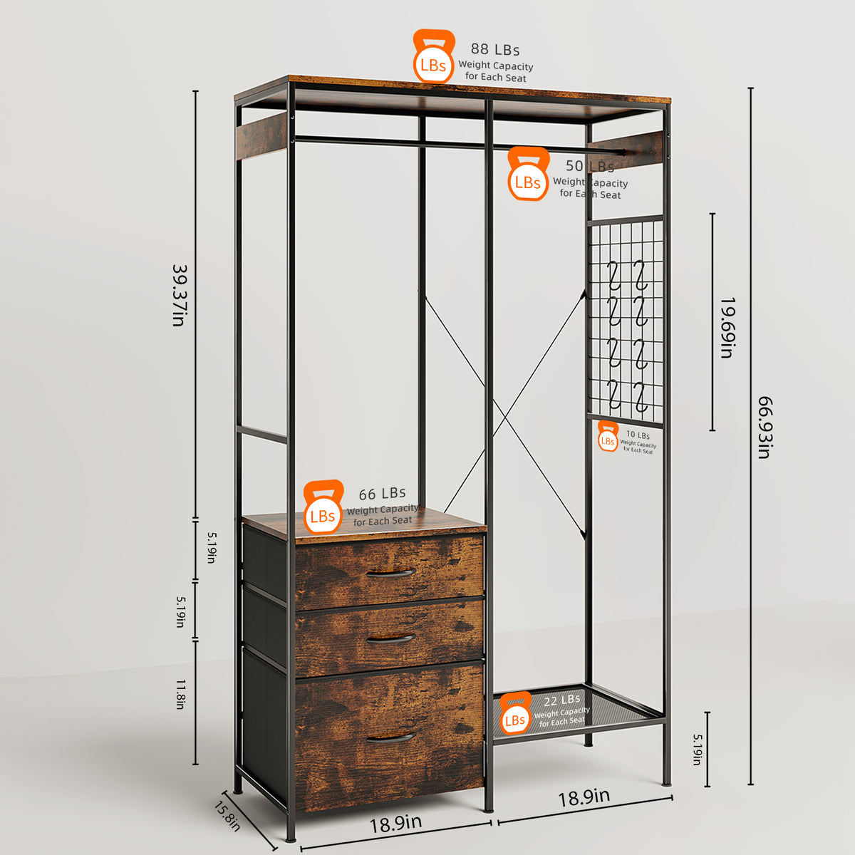 Dresser with LED Hanging Rack & 8 Drawers with LED Lights,with Shoe & Storage Shelf for Bedroom,living room,Brown