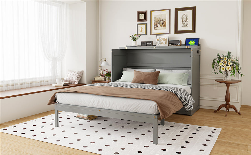 Queen Size Murphy Beds with drawer & USB Ports,Folding Storage Wall Bed Furniture for Bedroom,Office,Guest Room, Gray