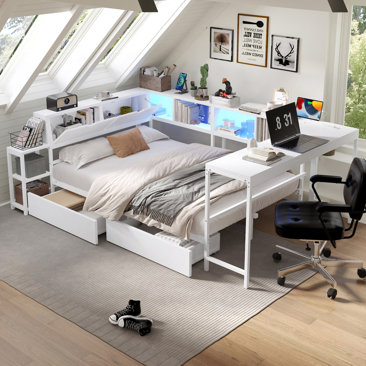 Queen Size Corner Bed Frame with Bookcase & 2 Underbed Storage Drawers, Modern Bed with LED Light and Charging Station, Left and Right Interchangeable, White