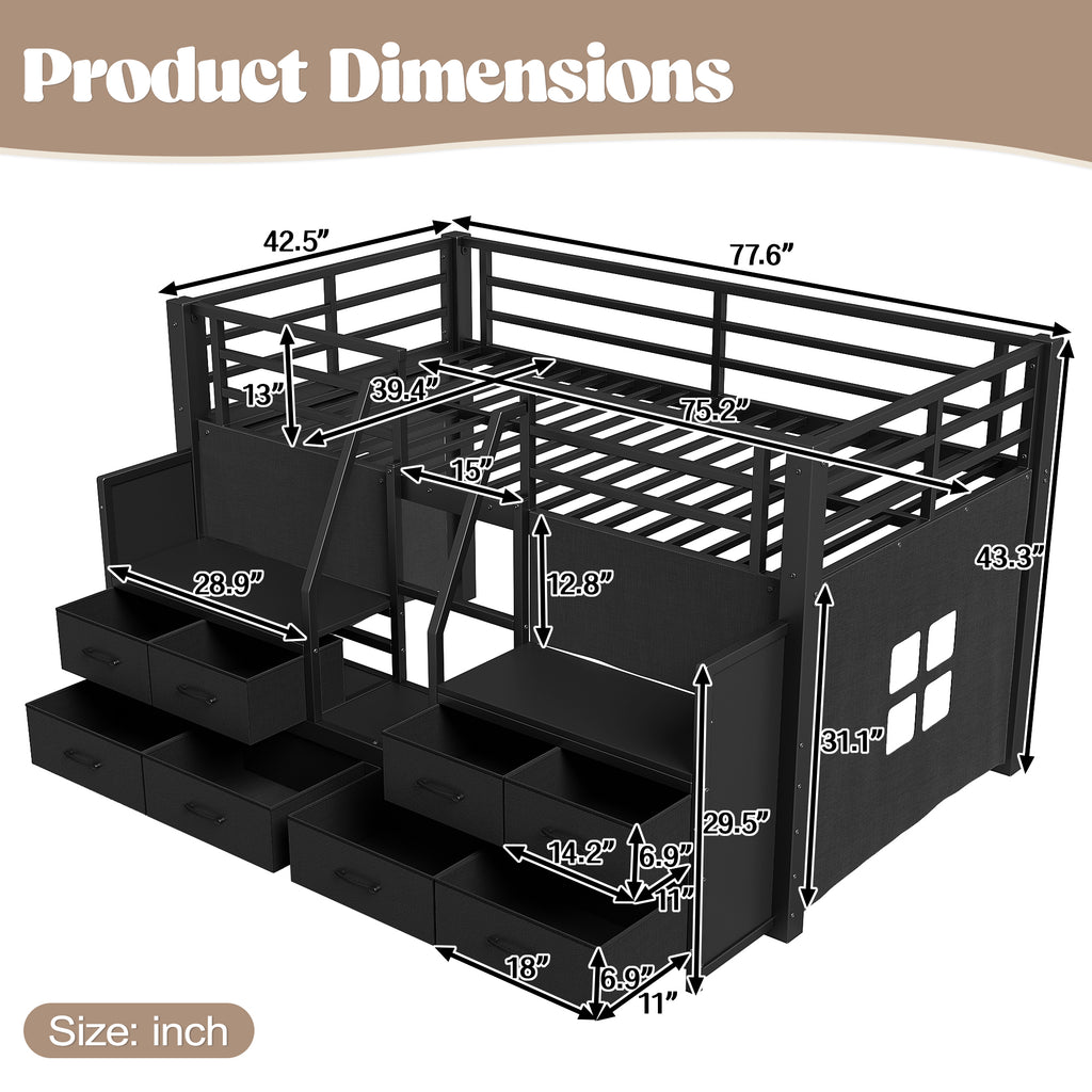 Twin Metal Loft Bed Frame with 8 Drawers & LED Light, Independent Spaces under Bed with Stairs, Black