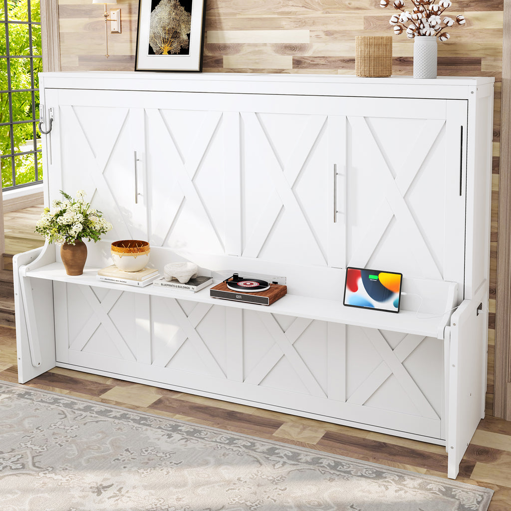 Queen Size Murphy Bed with Desk & USB Ports,LED Folding Storage Wall Bed Furniture for Bedroom,Office,Guest Room, White