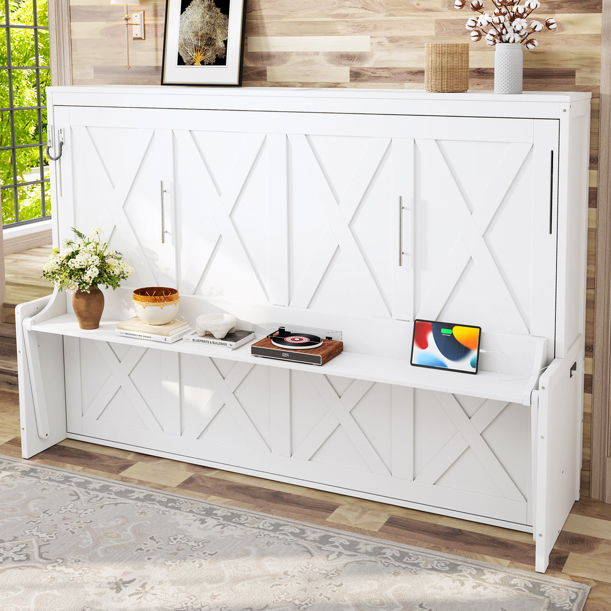 Queen Size Murphy Bed with Desk & USB Ports,LED Folding Storage Wall Bed Furniture for Bedroom,Office,Guest Room, White