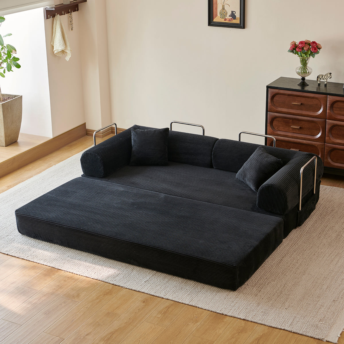 Compressed Convertible Floor Sofa Bed, Boneless Modular Sectional Futon Couch with Pillow Back & Armrest, Corduroy Fabric Loveseat for Living Room Bedroom, Black