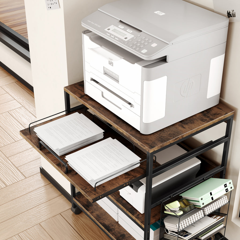 Large Printer Stand with Sliding Tray, 5 Adjustable Heights 4 Tier Printer Table with Wheels, Rolling Printer Cart with Storage Shelf