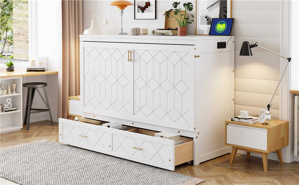 Queen Size Murphy Beds with drawer & USB Ports,Folding Storage Wall Bed Furniture for Bedroom,Office,Guest Room,White