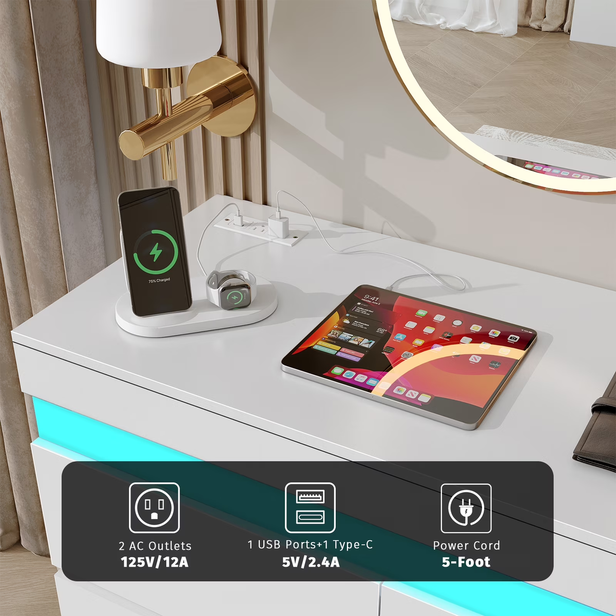 NYBOPAVIS 6 Drawer Dresser for Bedroom, Chest of Drawers with LED Light, TV Stand with Drawers White
