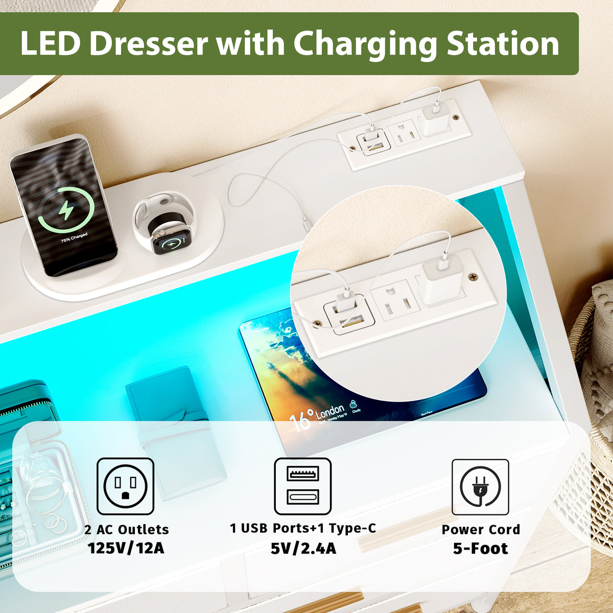 8 Drawer Dresser with LED Light & Charging Station,Retro Drawer with Storage Vanity Organizer for Bedroom, Living Room, Hallway White