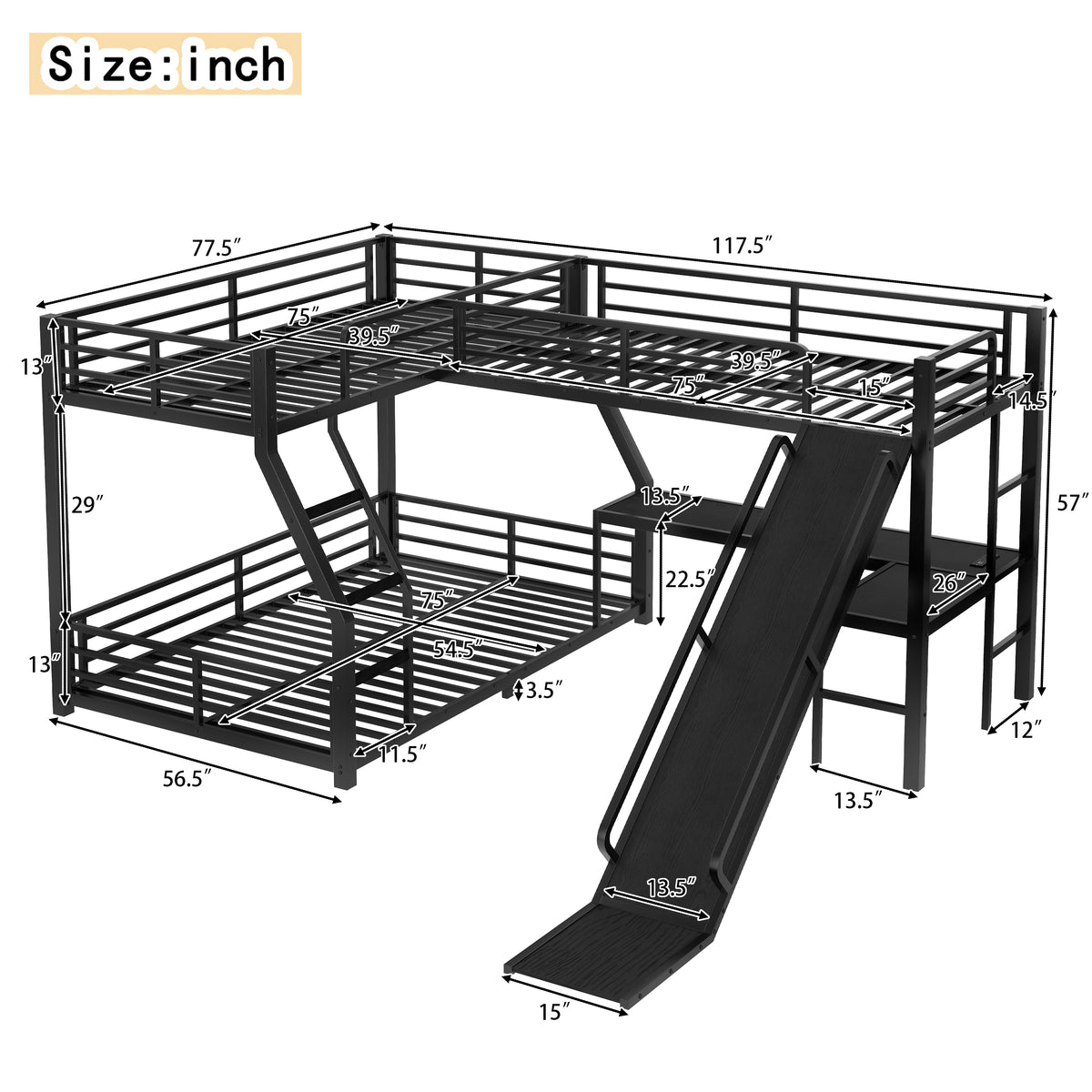 Triple Twin over Full Bunk Bed Frame with LED Lights & Slide, Wooden Desk with USB Ports, Noise-Free Design, Black