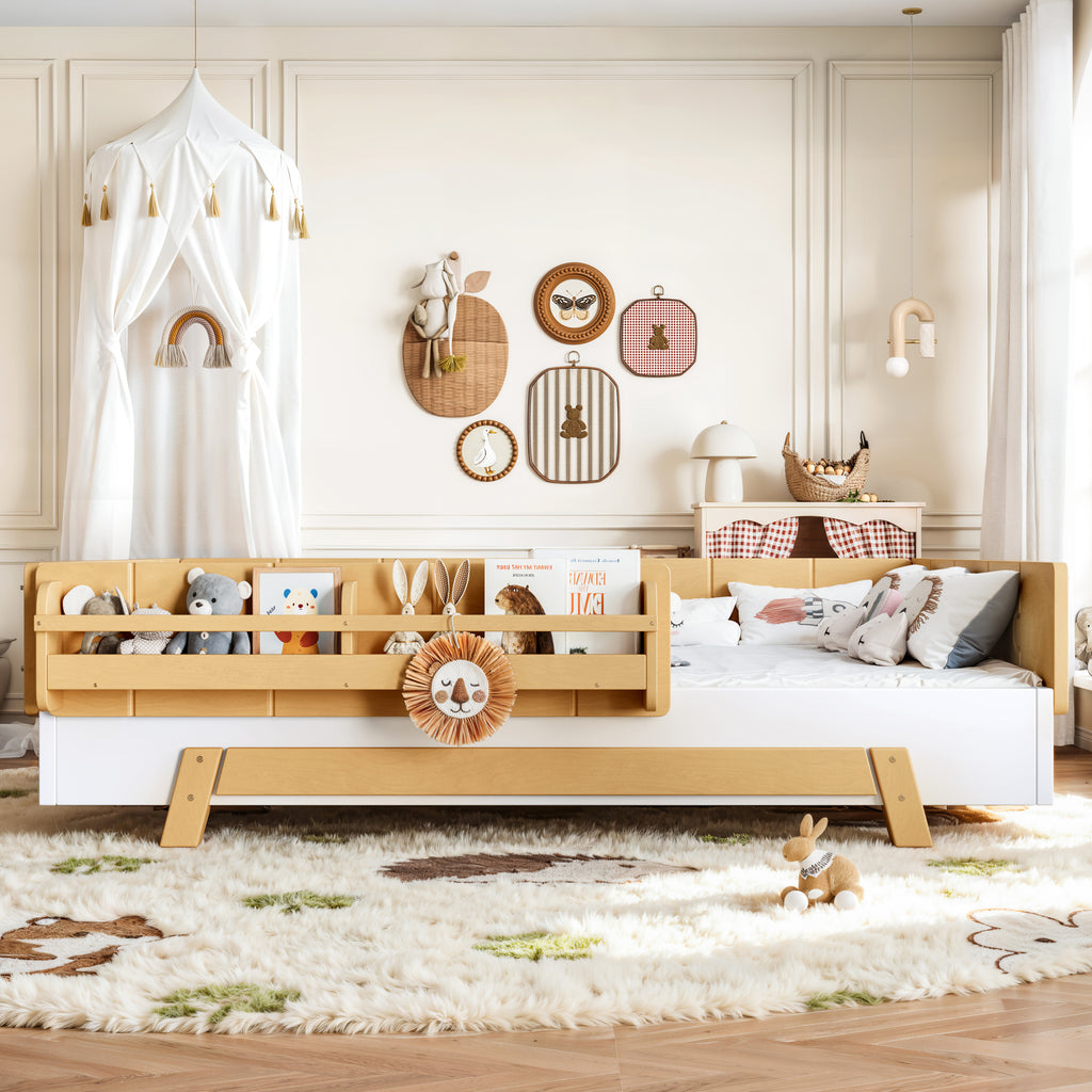NYBOPAVIS Full Size Floor Bed with Slats and Safety Guardrail, Montessori Floor Bed with Fence and Door, Easy Assemble Montessori Beds, White & Natural