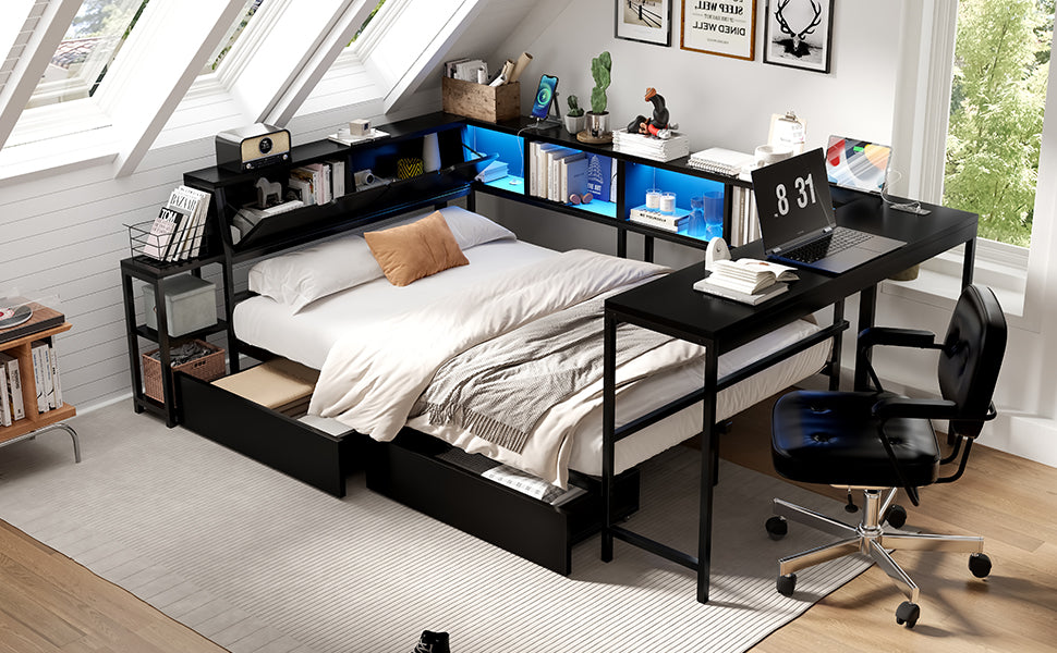 Twin Size Corner Bed Frame with Bookcase & 2 Underbed Storage Drawers, Modern Bed with LED Light and Charging Station, Left and Right Interchangeable, Black