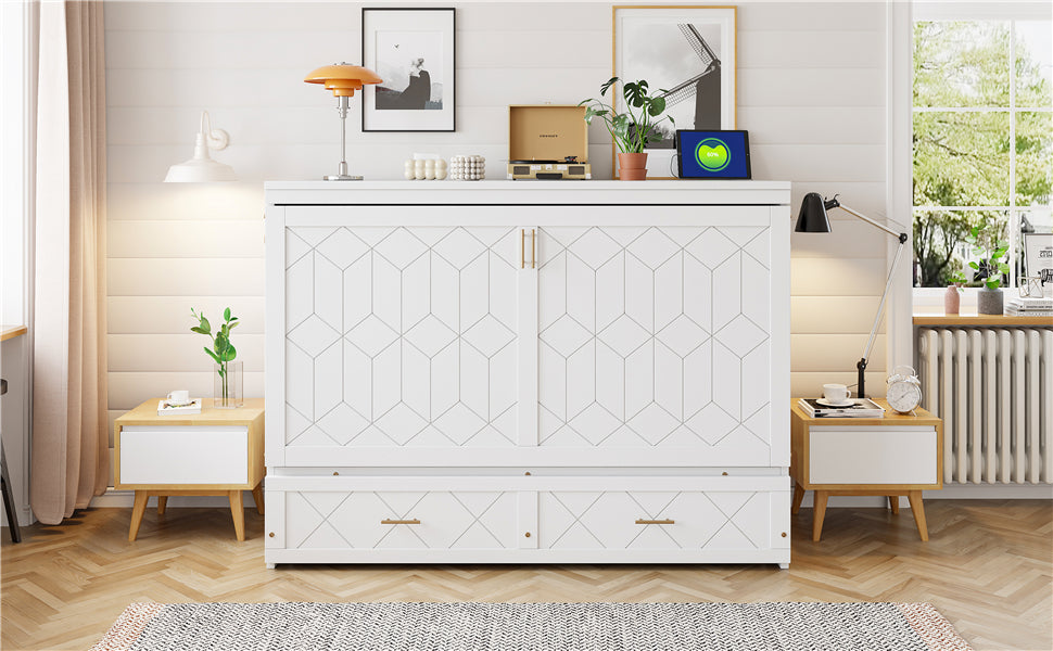 Queen Size Murphy Beds with drawer & USB Ports,Folding Storage Wall Bed Furniture for Bedroom,Office,Guest Room,White