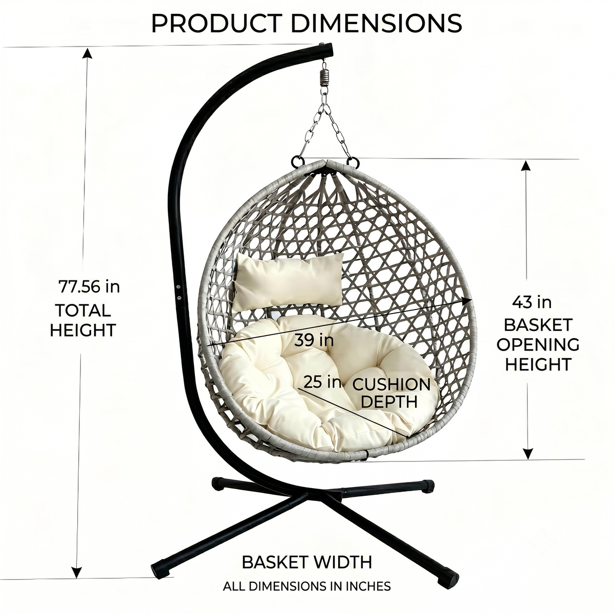 Foldable Indoor/Outdoor Wicker Swing Egg Chair, Hammock Hanging Chair Nest Basket with Stand, UV Resistant Cushions, 350LB Capacity for Bedroom, Balcony, Garden & Poolside, Beige-Gray