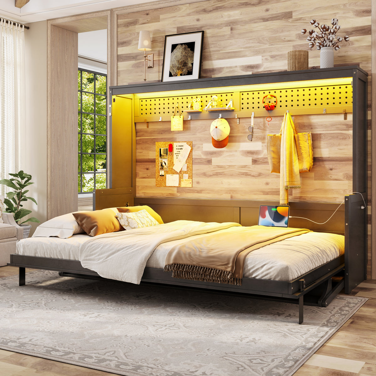 Queen Size Murphy Bed with Desk & USB Ports,LED Folding Storage Wall Bed Furniture for Bedroom,Office,Guest Room, Gray