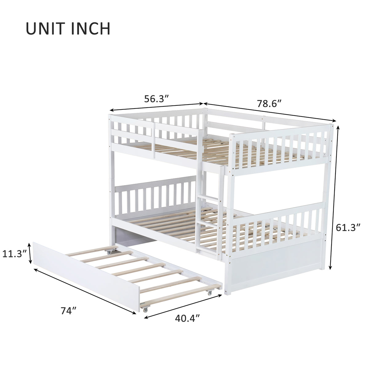 Full Bunk Bed with Pull-Out Trundle, Convertible Bunk Bed to 2 Single Beds, Solid Wood Bed Frame with Ladder & Guardrail, White