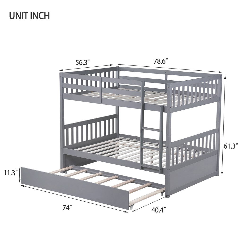 Full Bunk Bed with Pull-Out Trundle, Convertible Bunk Bed to 2 Single Beds, Solid Wood Bed Frame with Ladder & Guardrail, Grey