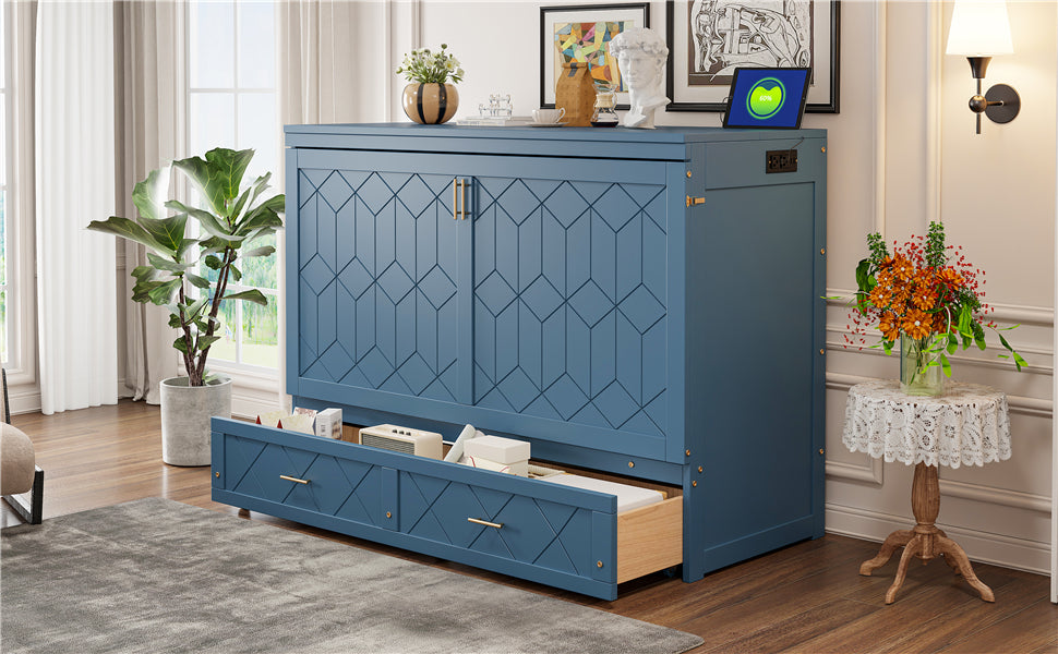 Queen Size Murphy Beds with drawer & USB Ports,Folding Storage Wall Bed Furniture for Bedroom,Office,Guest Room, Navy Blue