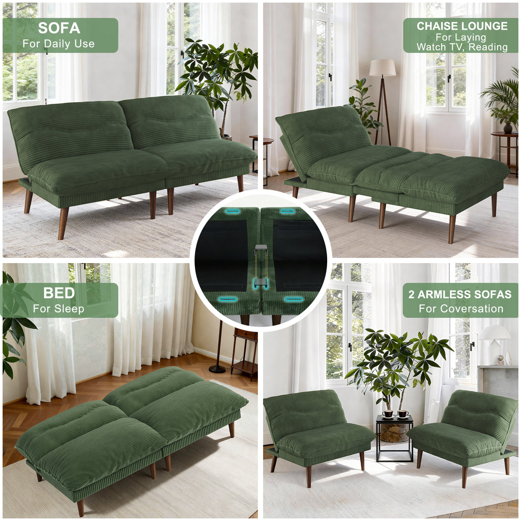 NYBOPAVIS 75" Futon, Twin Size Convertible Sleeper Sofa Bed, Corduroy Loveseat Sofa Couch for Apartment Small Space Green
