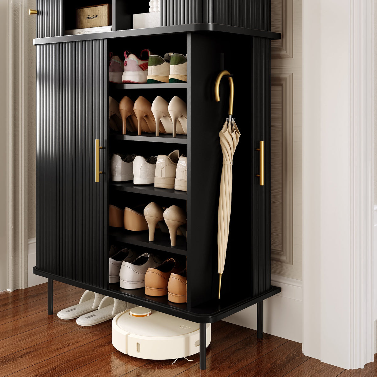 NYBOPAVIS 7-Tier Shoe Cabinet with Sliding Door, Storage Organizer with Adjustable Shelves, Freestanding Shoe Rack for Entryway, Black