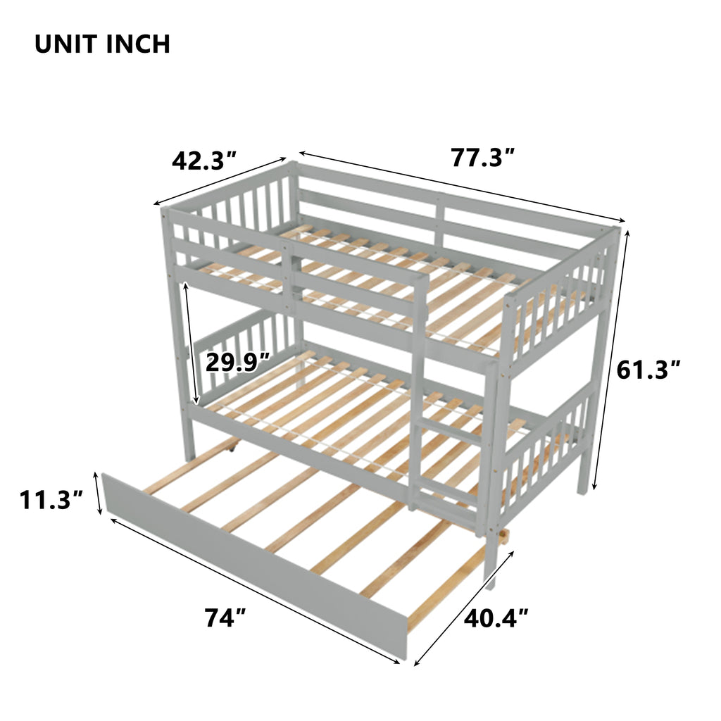 Twin Bunk Bed with Pull-Out Trundle, Convertible Bunk Bed to 2 Single Beds, Solid Wood Bed Frame with Ladder & Guardrail, Grey