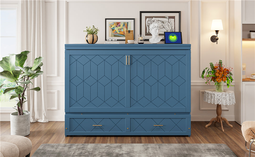 Queen Size Murphy Beds with drawer & USB Ports,Folding Storage Wall Bed Furniture for Bedroom,Office,Guest Room, Navy Blue
