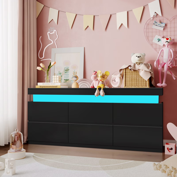 NYBOPAVIS 6 Drawer Dresser for Bedroom, Chest of Drawers with LED Light, TV Stand with Drawers Black