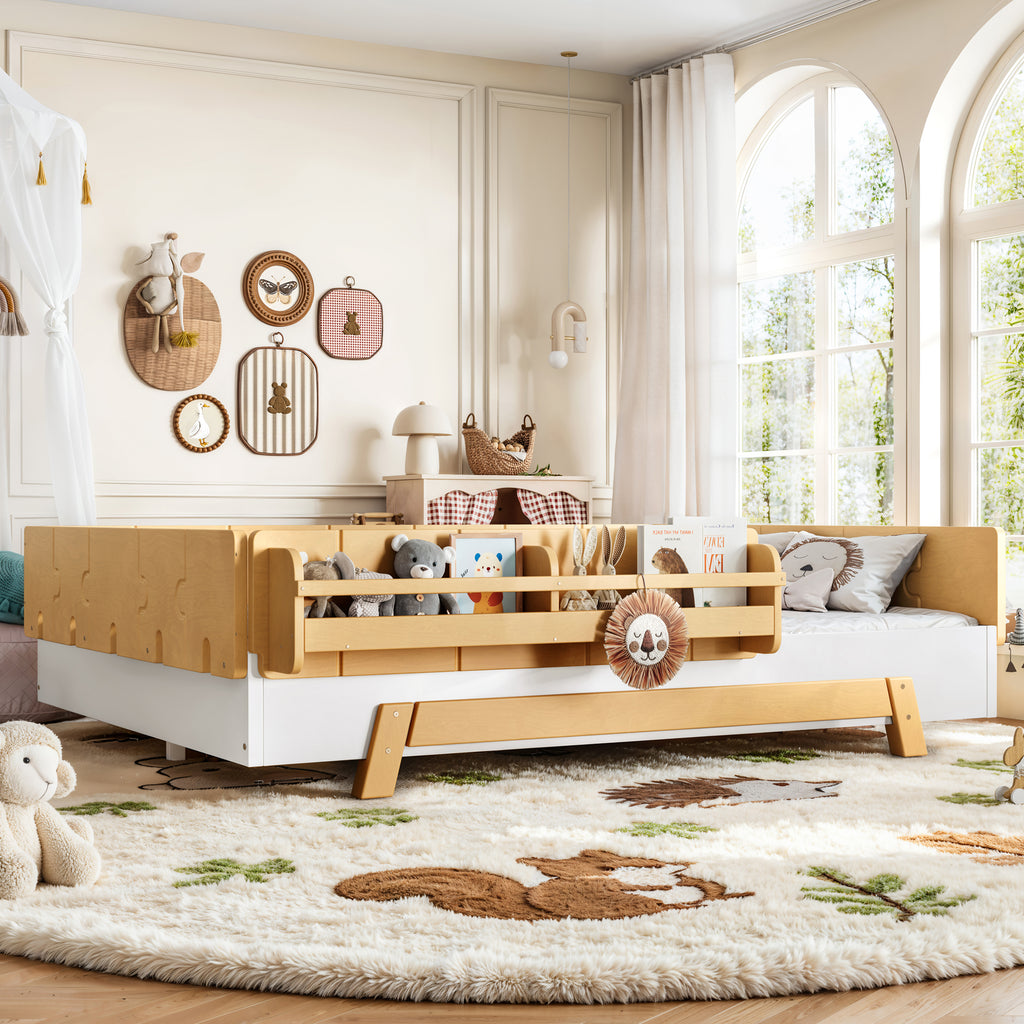 NYBOPAVIS Full Size Floor Bed with Slats and Safety Guardrail, Montessori Floor Bed with Fence and Door, Easy Assemble Montessori Beds, White & Natural