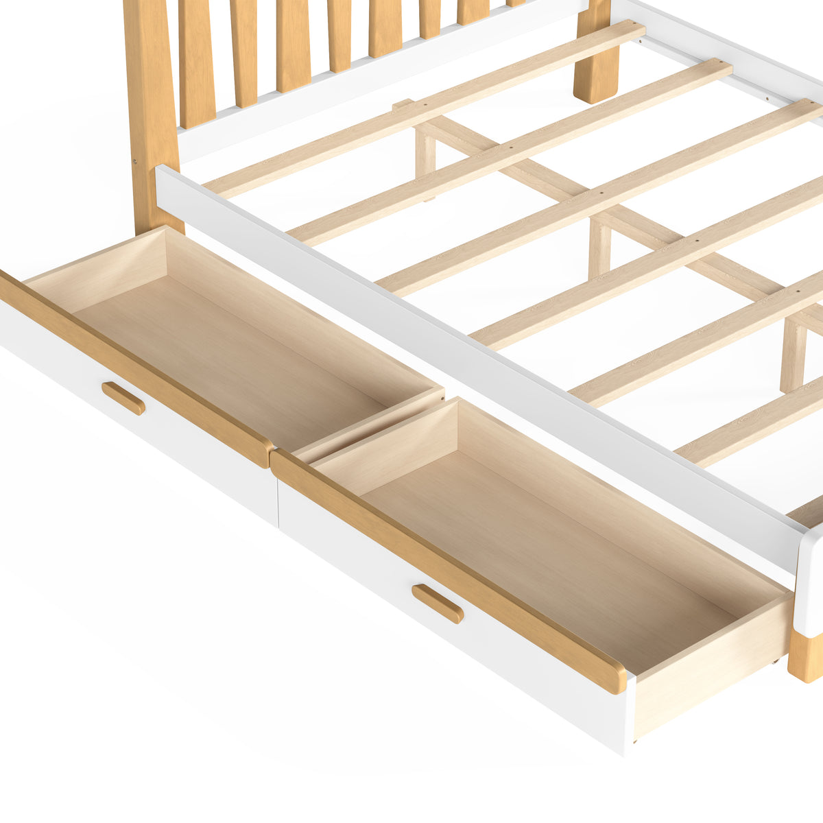 NYBOPAVIS Full Size Bed Frame, Wood Platform Bed with Storage Drawers, No Box Spring Required, White & Natural