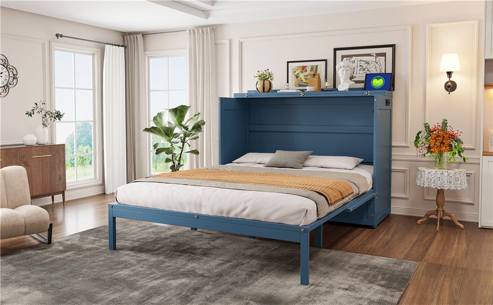 Queen Size Murphy Beds with drawer & USB Ports,Folding Storage Wall Bed Furniture for Bedroom,Office,Guest Room, Navy Blue