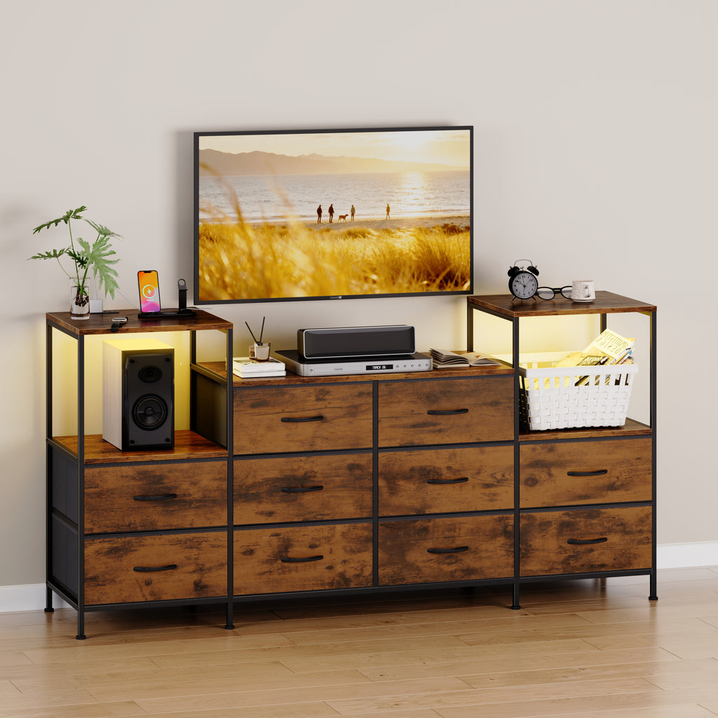 TV Stand for TV up to 57" with LED light,10 Drawers, Charging Station,Storage Cabinet with Adjustable Feets for Living Room