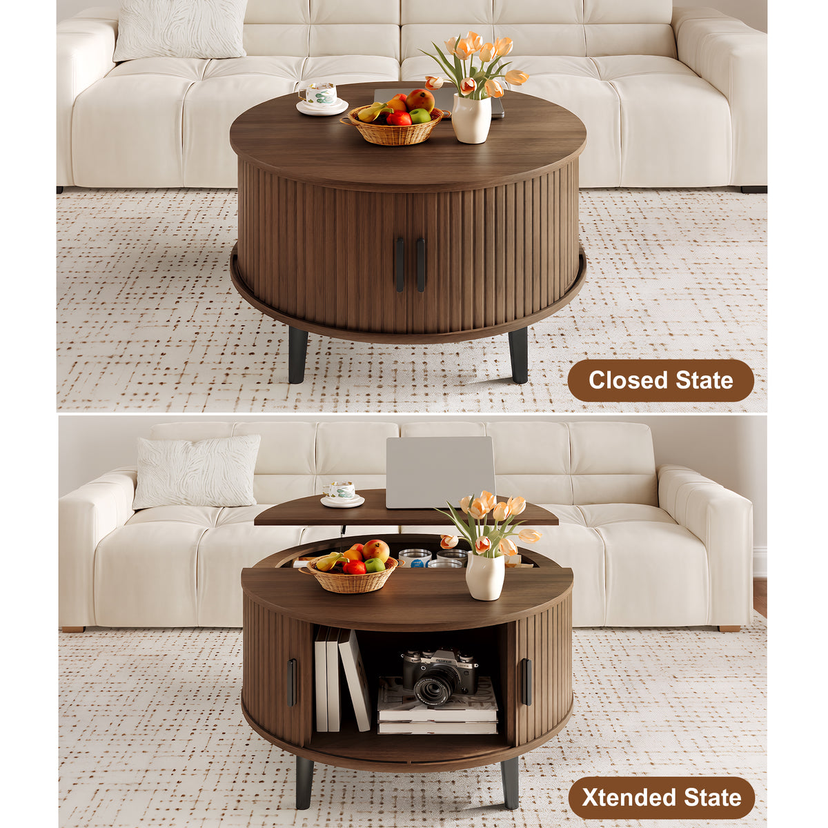 Round Lift Top Coffee Table with Hidden Storage & Sliding Door, Mid Century Modern Wooden Center Table for Living Room, Apartment, Small Space, Walnut