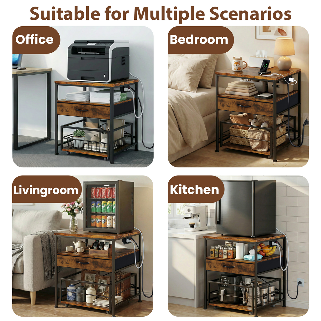 Mini Fridge Stand with Drawer Storage and Power Outlet, Heavy Duty Mobile Mini Fridge Shelf with Wheels, Beverage Refrigerator Table Stand,Brown