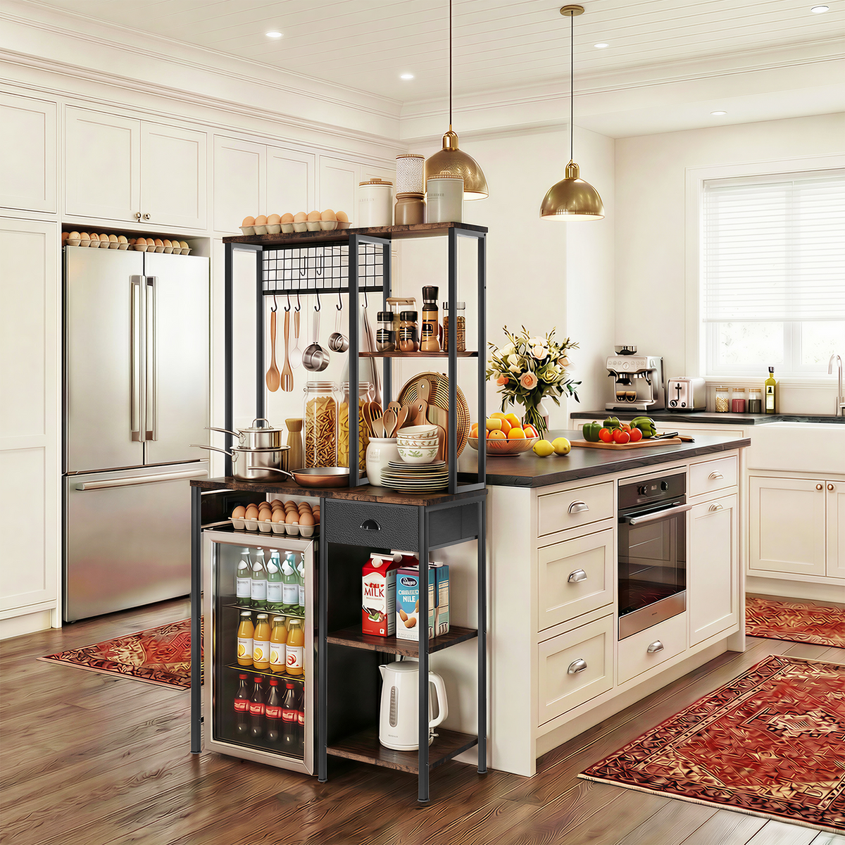 3 Tire Large Bakers Rack with Power Outlets & Adjustable Shelves, Large Coffee Bar Station with 8 Hooks,Kitchen Shelf Rack for Spices, Pots (Rustic Brown)