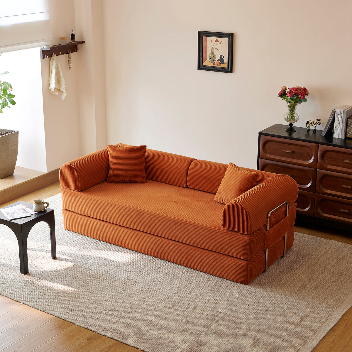 Compressed Convertible Floor Sofa Bed, Boneless Modular Sectional Futon Couch with Pillow Back & Armrest, Corduroy Fabric Loveseat for Living Room Bedroom, Tangerine