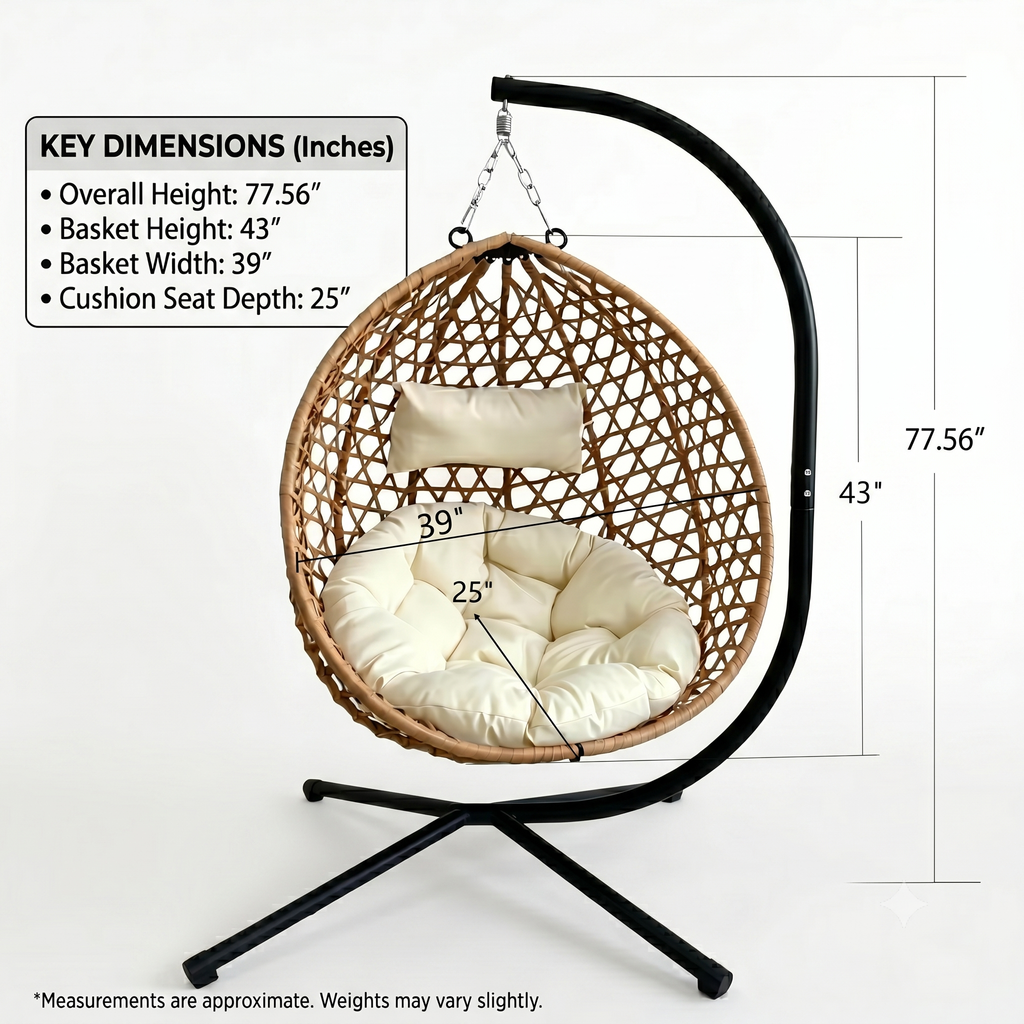 Foldable Indoor/Outdoor Wicker Swing Egg Chair, Hammock Hanging Chair Nest Basket with Stand, UV Resistant Cushions, 350LB Capacity for Bedroom, Balcony, Garden & Poolside, Beige-Yellow