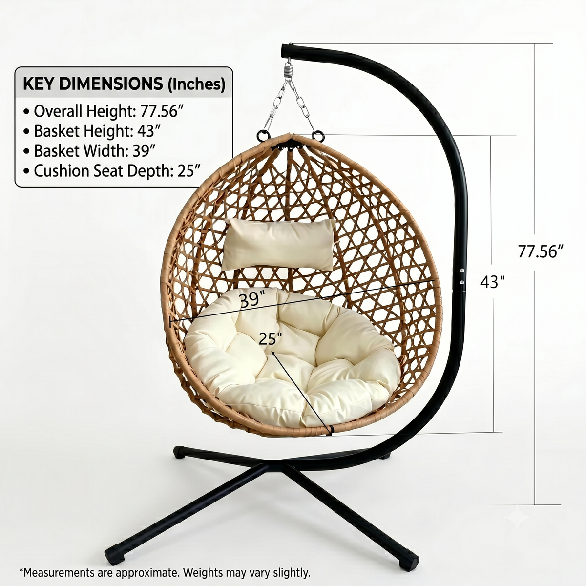 Foldable Indoor/Outdoor Wicker Swing Egg Chair, Hammock Hanging Chair Nest Basket with Stand, UV Resistant Cushions, 350LB Capacity for Bedroom, Balcony, Garden & Poolside, Beige-Yellow