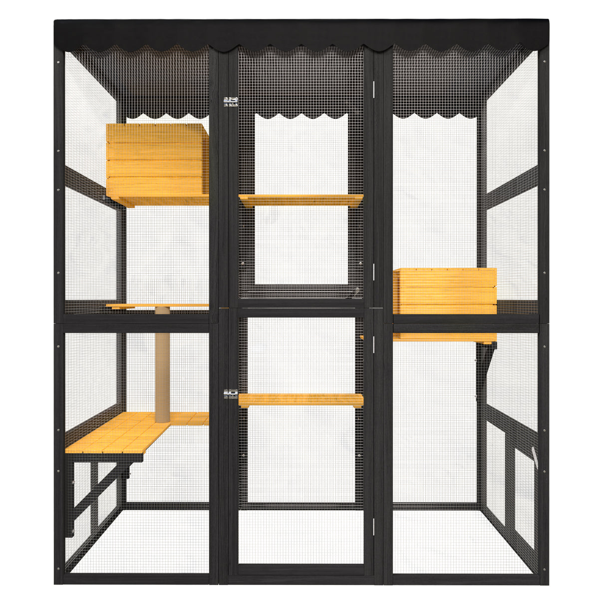 Large Wooden Walk-in Catio Enclosure, Indoor Outdoor Cat House with Window Connection, 2 Condos, 5 Platforms, 4 Doors, Weatherproof Roof Cover