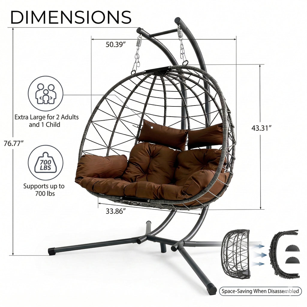 Indoor/Outdoor Wicker Swing Egg Chair, Double Hammock Hanging Chair Nest Basket with Stand, UV Resistant Cushions, 700LB Capacity for Bedroom, Balcony, Garden & Poolside, Brown