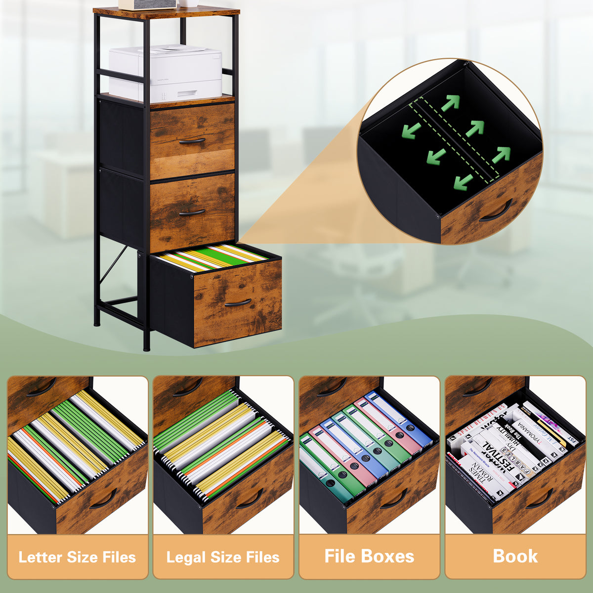 File Storage Cabinet with Adjusted Size 3 Drawers, 4 Wheels Vertical Wood File Cabinet for Hanging A4/F4/Letter/Legal Rustic Brown