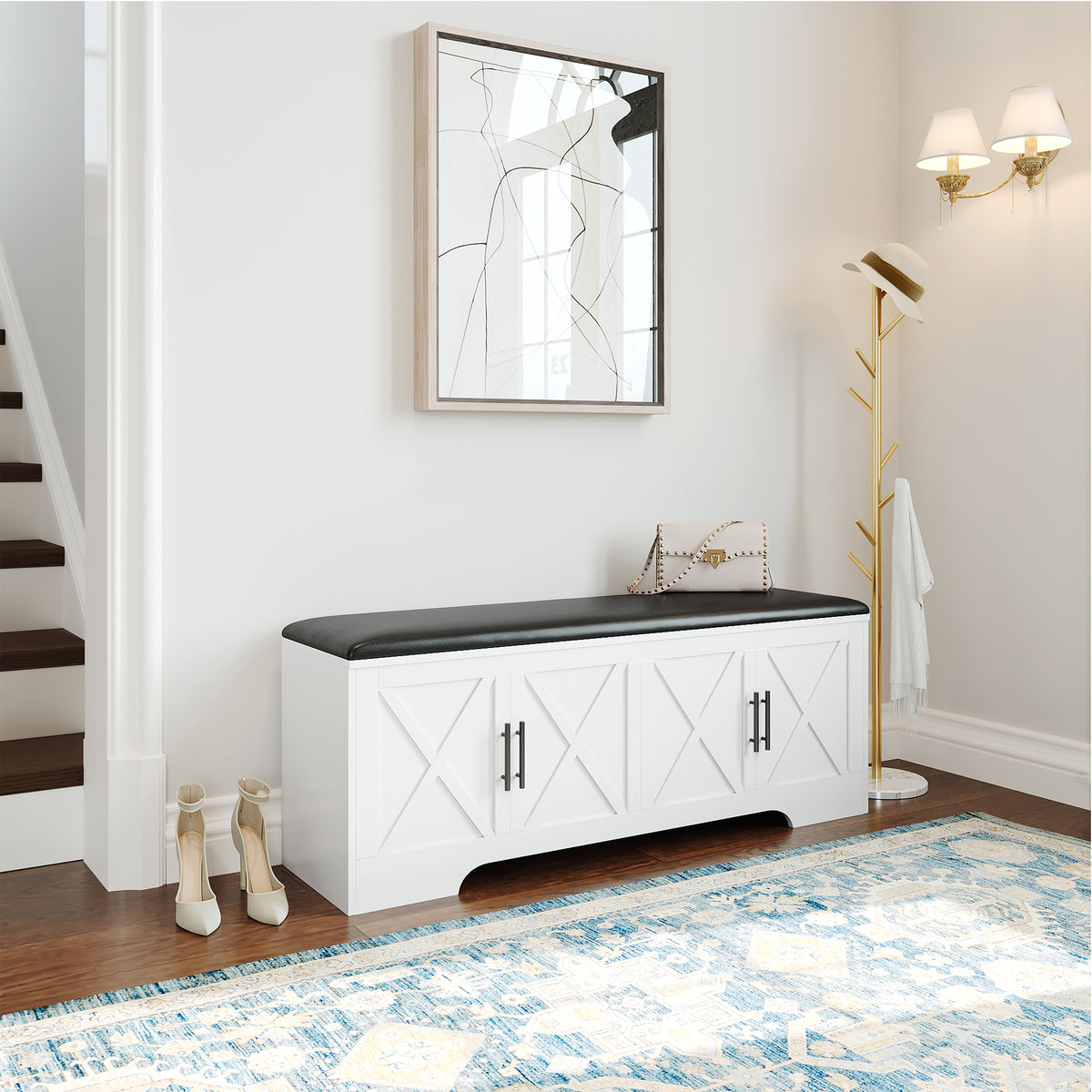 NYBOPAVIS 47" Wooden Storage Bench with Storage & Cushion, Upholstered Storage Bench with Safety Hinges for Entryway, Bedroom, White