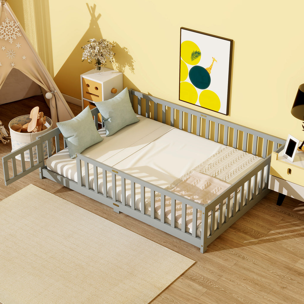 NYBOPAVIS Full Size Floor Bed with Fence & Door,Rubber Wood Floor Bed with Safety Guardrails, Montessori Bed Boys,Girls,Grey