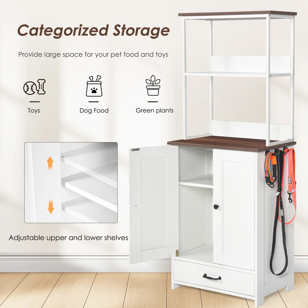 White Pet Feeding Station with Storage Cabinet, 2 Feeding Bowls and Adjustable Baffle Panel for Dog Cat